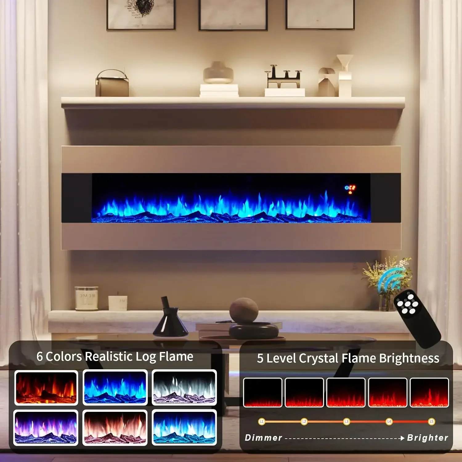 60" Wall Mount Electric Fireplace, Stainless Steel Wall Hanging Fireplace with Remote, 6 Color 5 Brightness Log & Crystal Flame