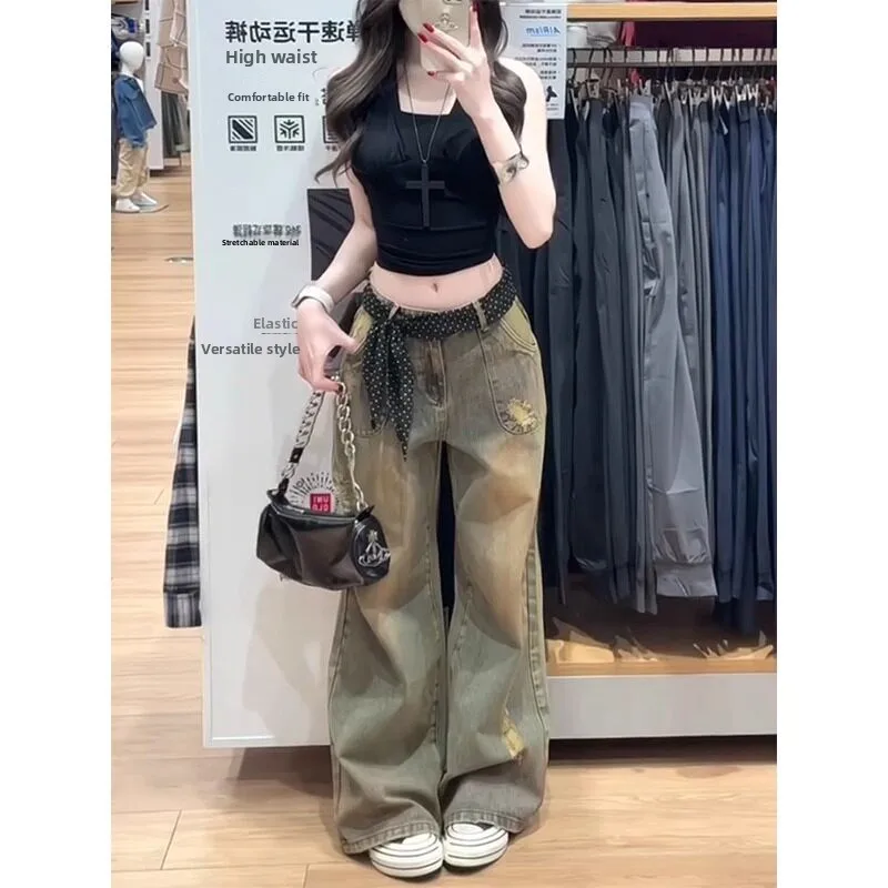 Retro American Desert Style Women's Low Waist Wide Leg Jeans Torn Loose Fitting Floor Length Straight Cut Spring Long Pants