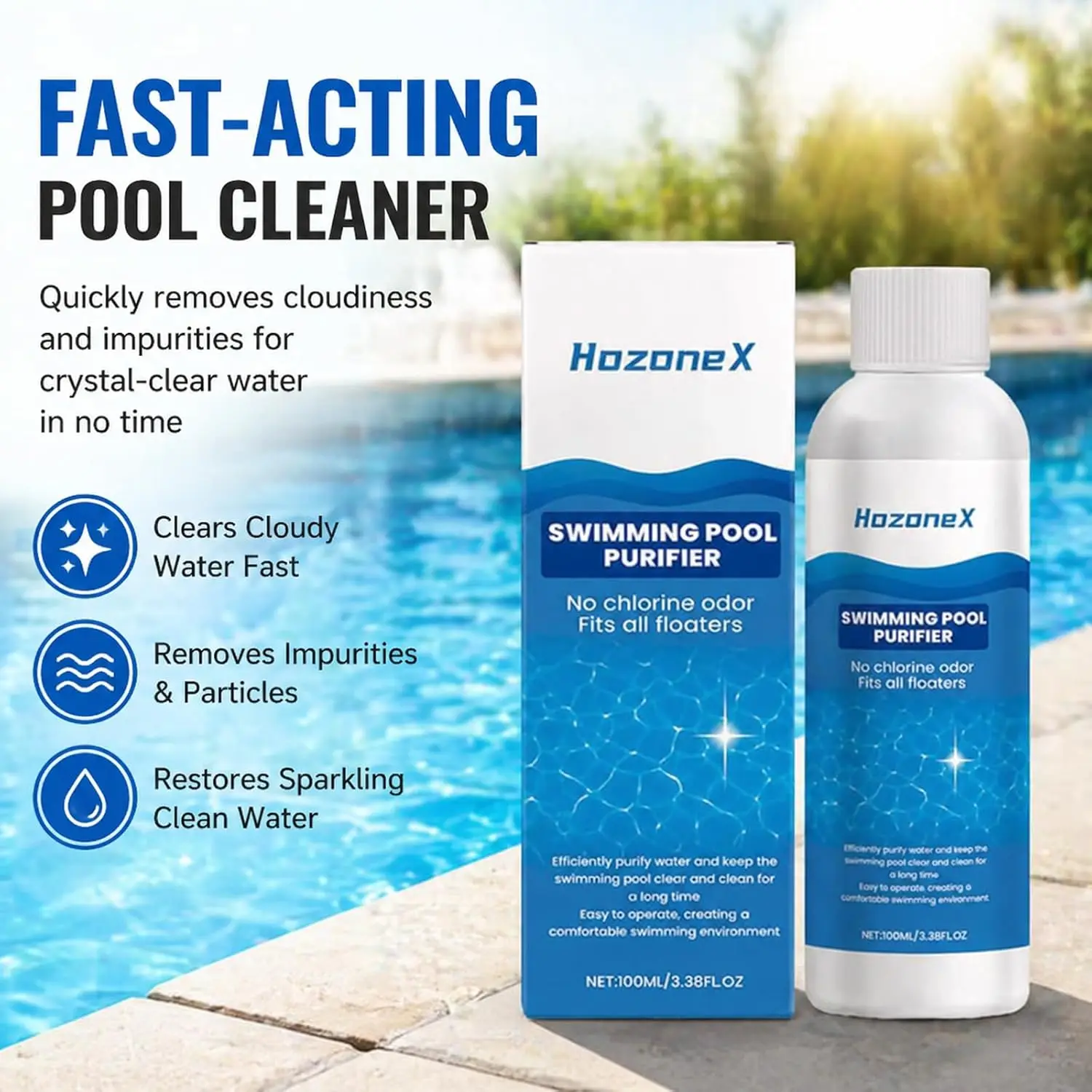 HozoneX Swimming Pool Clarifier Liquid Water Purifier Fast Dissolving Odorless Dirt Remover Crystal Clear Cleaning Solution
