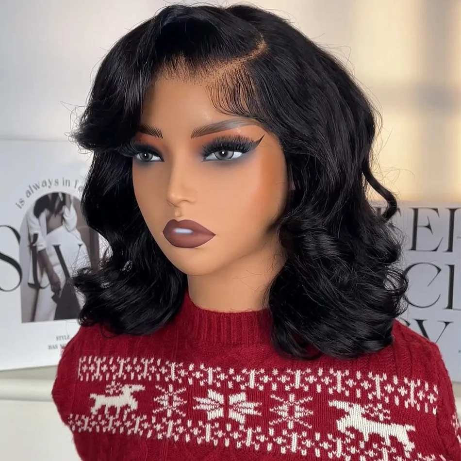 

Парик из натуральных волос с HD-кружевной передней частью 13x4/13x6, плотность 250, без клея, короткий боб, натуральный черный цвет, с эффектом водной волны