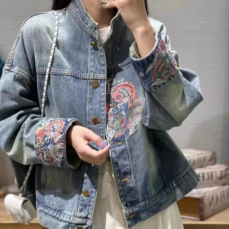 

high-end Blue Denim Jacket Women 2024 Autumn New Vintage Embroidery Jeans Coat ladies Long Sleeve Loose Bomber Cowboy Tops T316