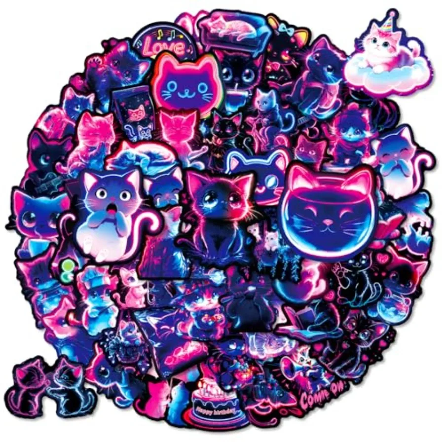 50Pcs Cute Neon Cat Stickers Anime Fantasy Kitty Stickers for Laptop Scrapbook Suitcase Water Bottles Guitar Kindle Waterproof