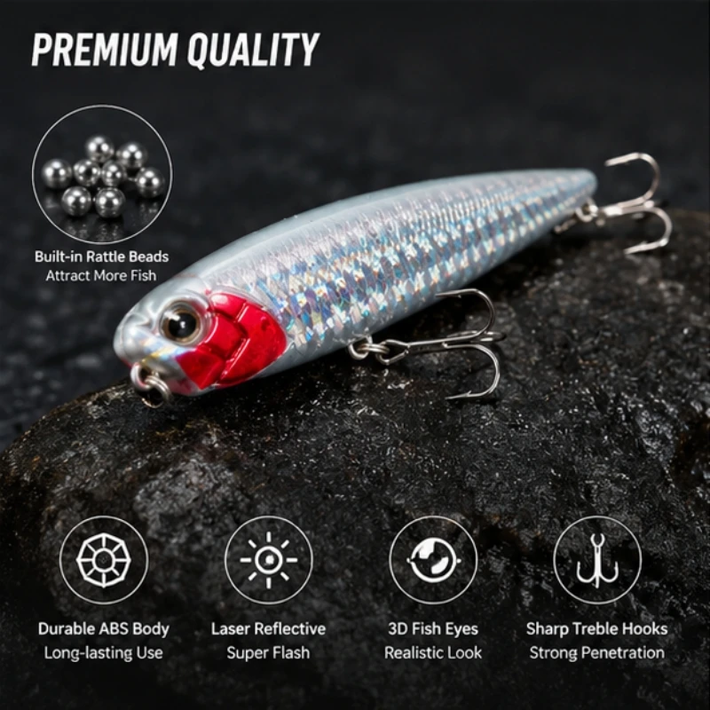 8 PCS 8.5cm 11g Sinking Pencil Fishing Lure with Built-in Rattle Laser Reflective Hard Bait, Topwater & Subsurface Lure for Bass