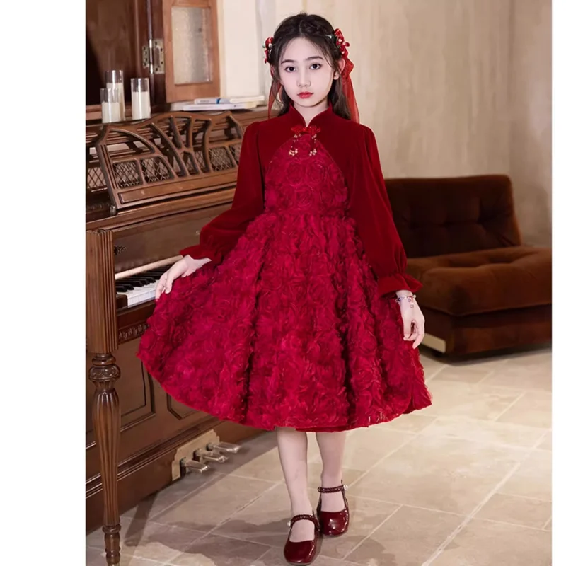 

New Girls Long Sleeve Birthday Baptism Princess Ball Gown Children Fashion Host Piano Performance Dress y1739