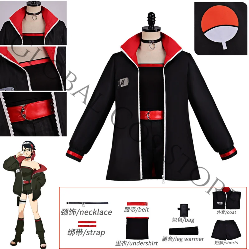 Disfraz de Cosplay de la Personaje de Anime Uchiha Sarada, Top Corto Negro, Cinturón Rojo y Conjunto de Accesorios con Gargantilla, Traje de Batalla para Comic Con
