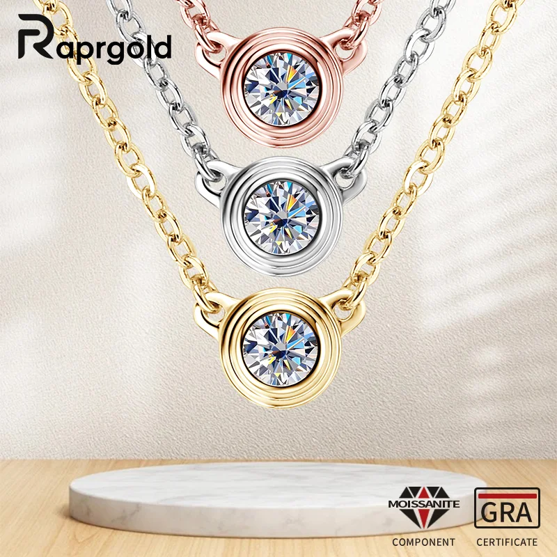 

Сертифицированные RAPRGOLD GRA круглые ожерелья с подвеской из муассанита для женщин, цепочка из стерлингового серебра 925 пробы, свадебные ювелирные изделия, подарочные ошейники