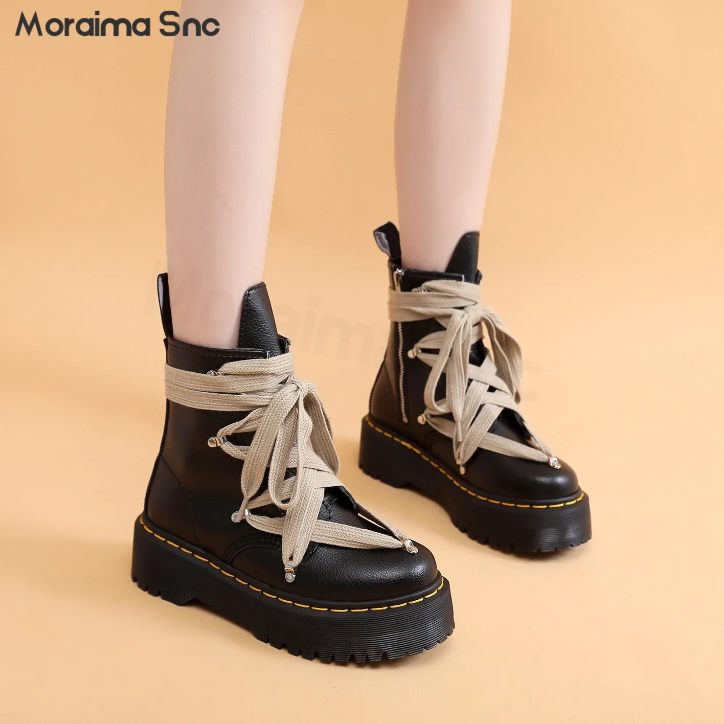 Cross-Strap Pebbled Boots Round Toe Thick Sole Personality Short Boots Side Zipper Leather Fashion Large Size Women's Boots