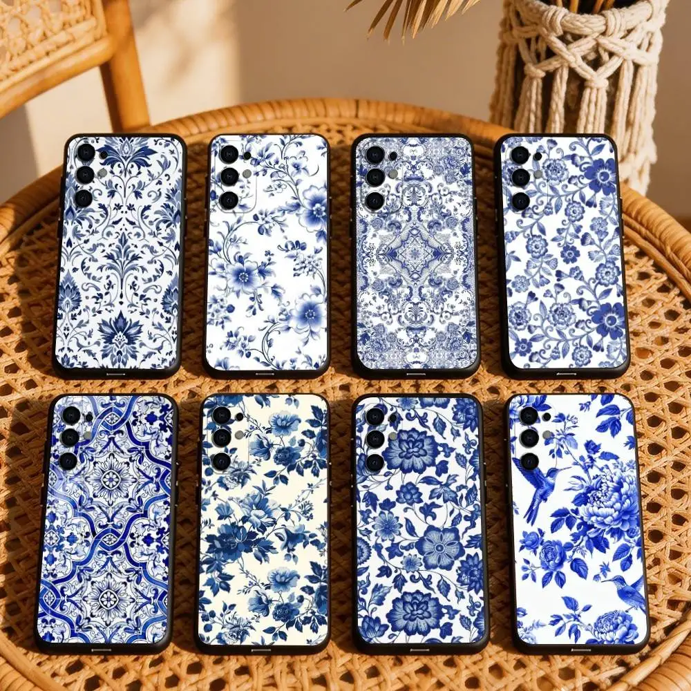 B-Blue and white porcelain S-Style Phone Case Black Silicone Soft For Samsung S25,S24,S21,S22,S23,S30,Ultra,S20,Plus,Fe,Lite