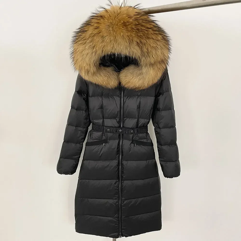 

Winter Real Raccoon Fur White Duck Down Coat Natural Fox Fur Collar Hooded Thick Female Casual Long Puffer Jacket Women