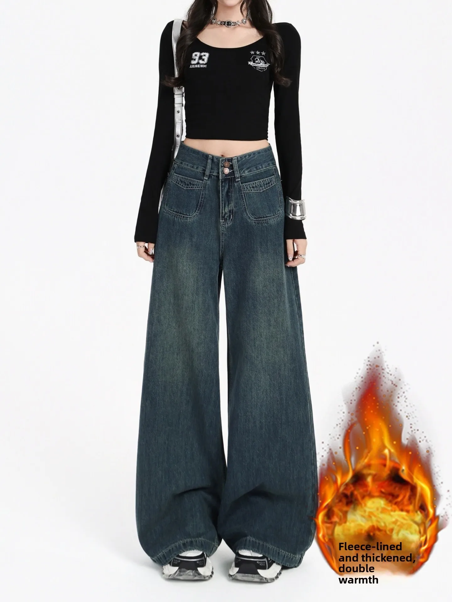 Fce Lined Thi ワイドレッグデニムジーンズ レディース 秋冬 ハイウエスト ルーズ スリム ストレート 大きいサイズ 多用途 ドラフロ...