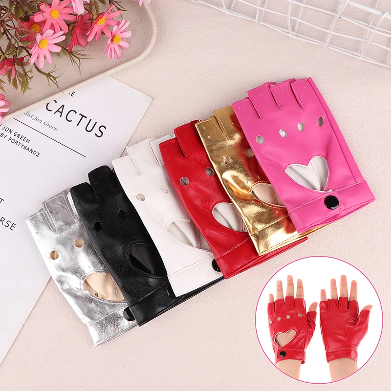 Women Fashion PU Leather Half Finger Gloves Cool Heart Hollow Fingerless Gloves Boy Gloves Girl Five Finger Gothic Party Gloves