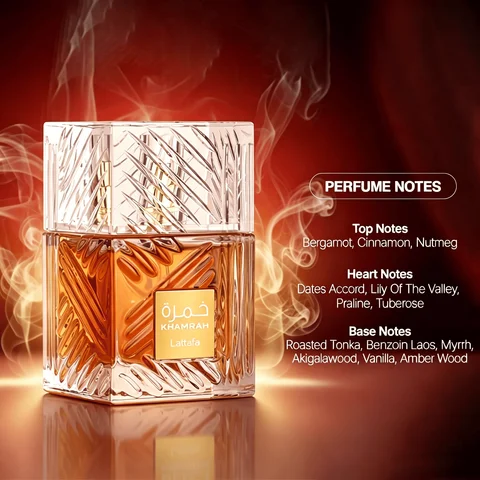 Lattafa Khamrah Eau de Parfum Unisex Perfume, 3.4oz /100ml | Warm Spicy Gourmand Fragrance with Cinnamon, Nutmeg, Dates, Praline & Amber | Long Lasting Arabian Fragrance Spray for Men & Women