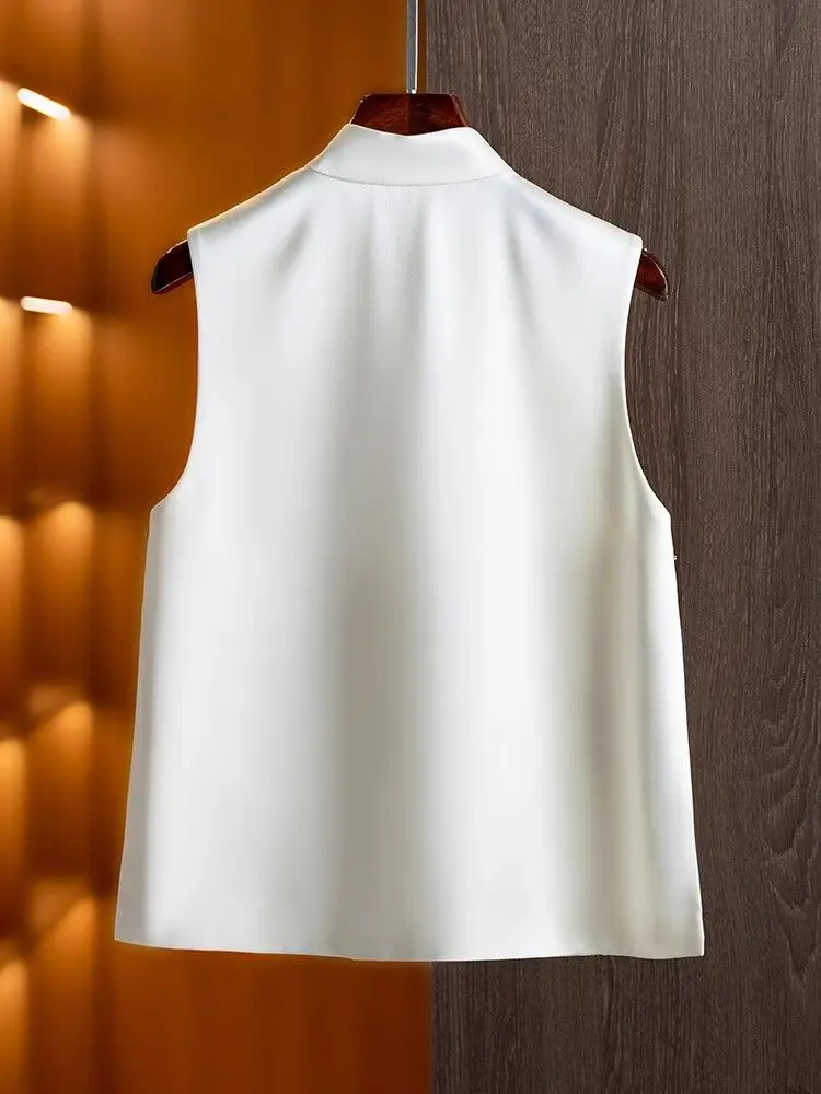 2025 Spring Summer Women Embroidery Sleeveless Beige Vest Coat , Woman Casual Vintage Chinese Tang Vests Coats