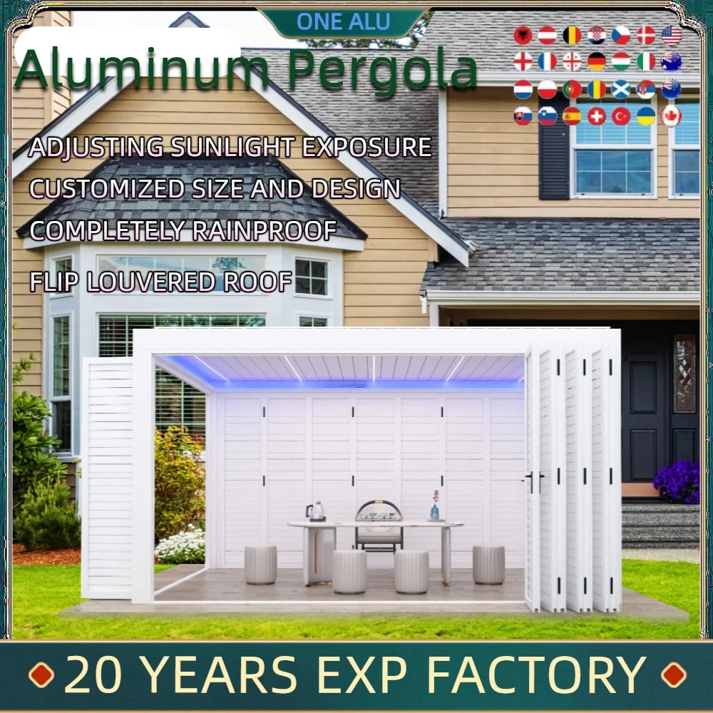 Bioclimatic Aluminum  Pergola Automatic flip louvered   with retractable folding sliding aluminum shutter in garden LED gazebo