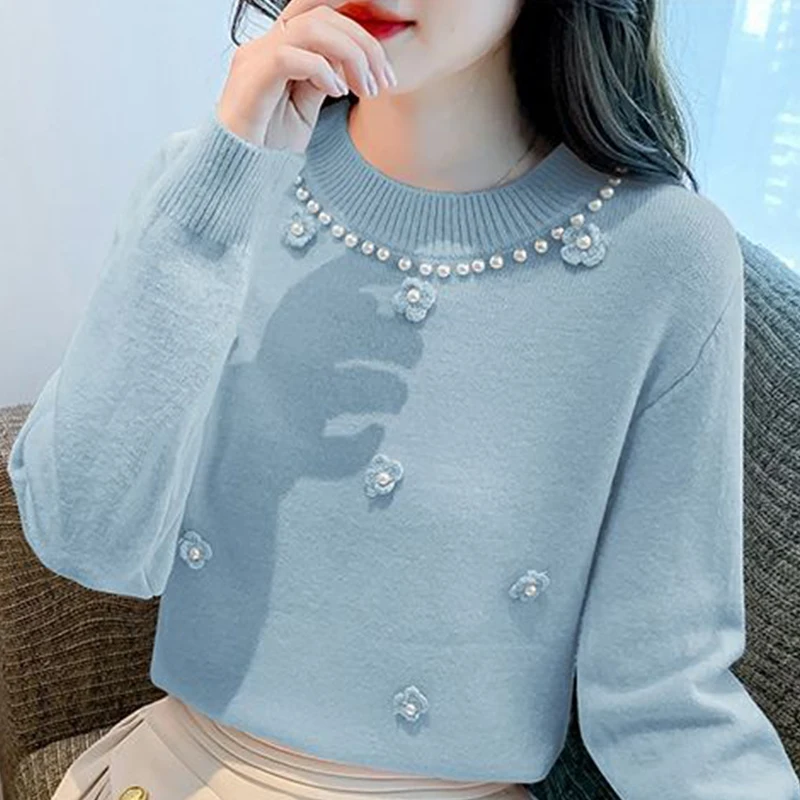 Autumn Winter Round Neck Sweet Beading Casual Jumpers Ladies Solid Color Simple All-match Patchwork Knitting Top Women Sweater