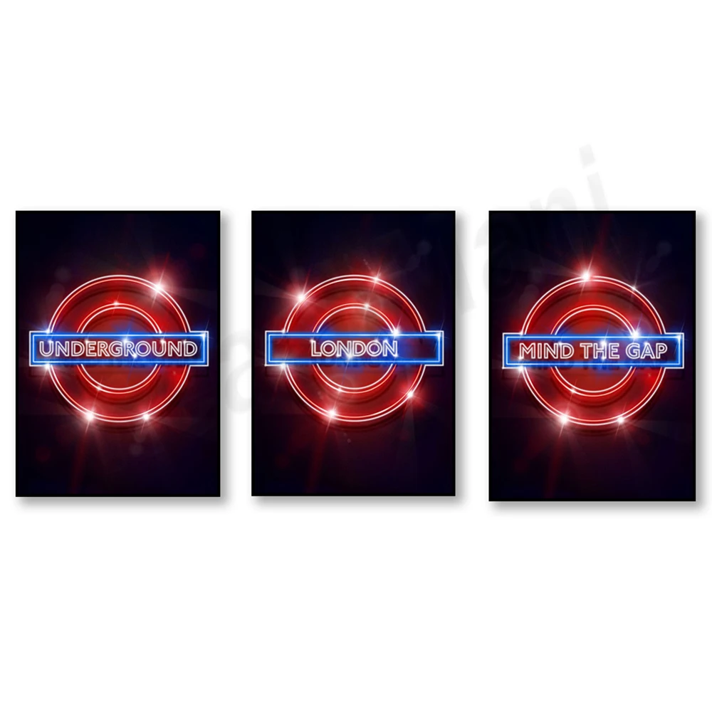 Neon renderings London, Piccadilly Circus, Camden Town, Baker Street, Oxford Circus, night tube illustration, mind the gap poste