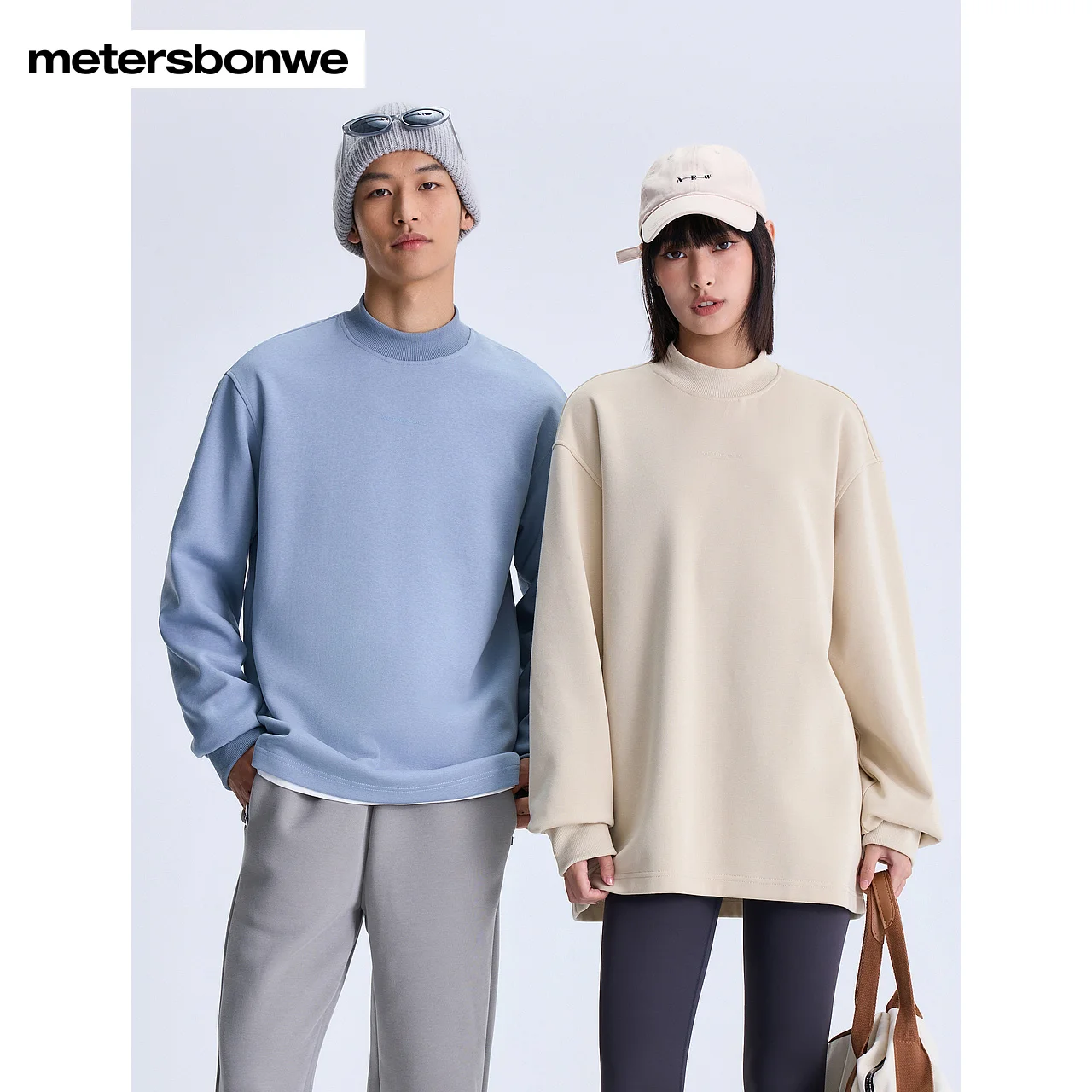 Metersbonwe-Men Women's O-Neck Solid Color Long Sleeve Shirts Pullover Chest Printed Pattern Knit Tops Commuter Casual Winter