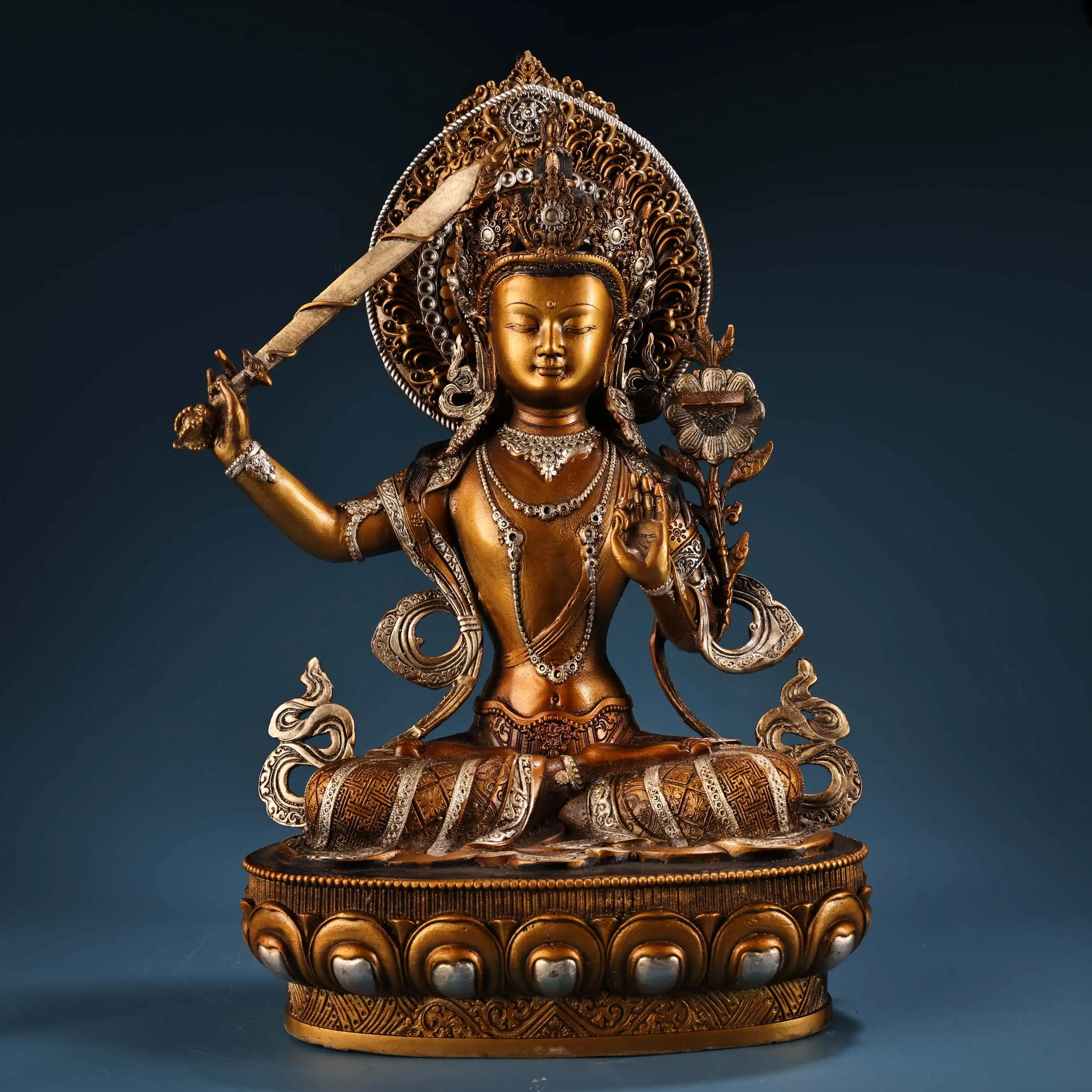 

14"Old Nepalese Temples Bronze Gilded Silver Painted Manjusri Bodhisattva Sitting Buddha Lotus Terrace Worship Hall Town house