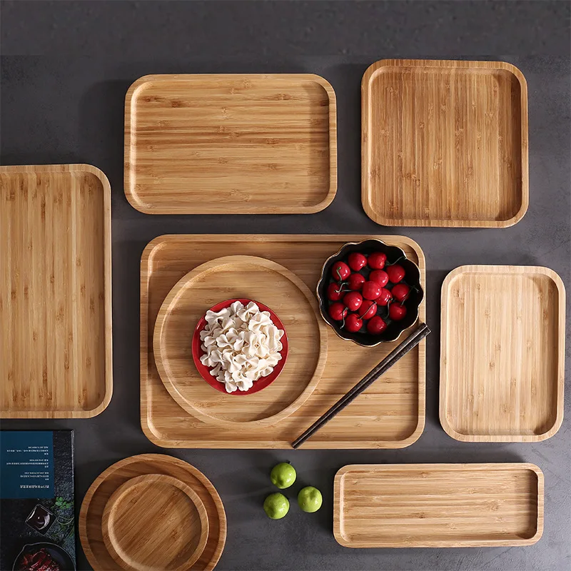 Japanese Wood Dishes Bamboo Tray for Food Coffee Round SquareTableware Teacup Plate Barbecue Dish Table Decoration Dessert Plate