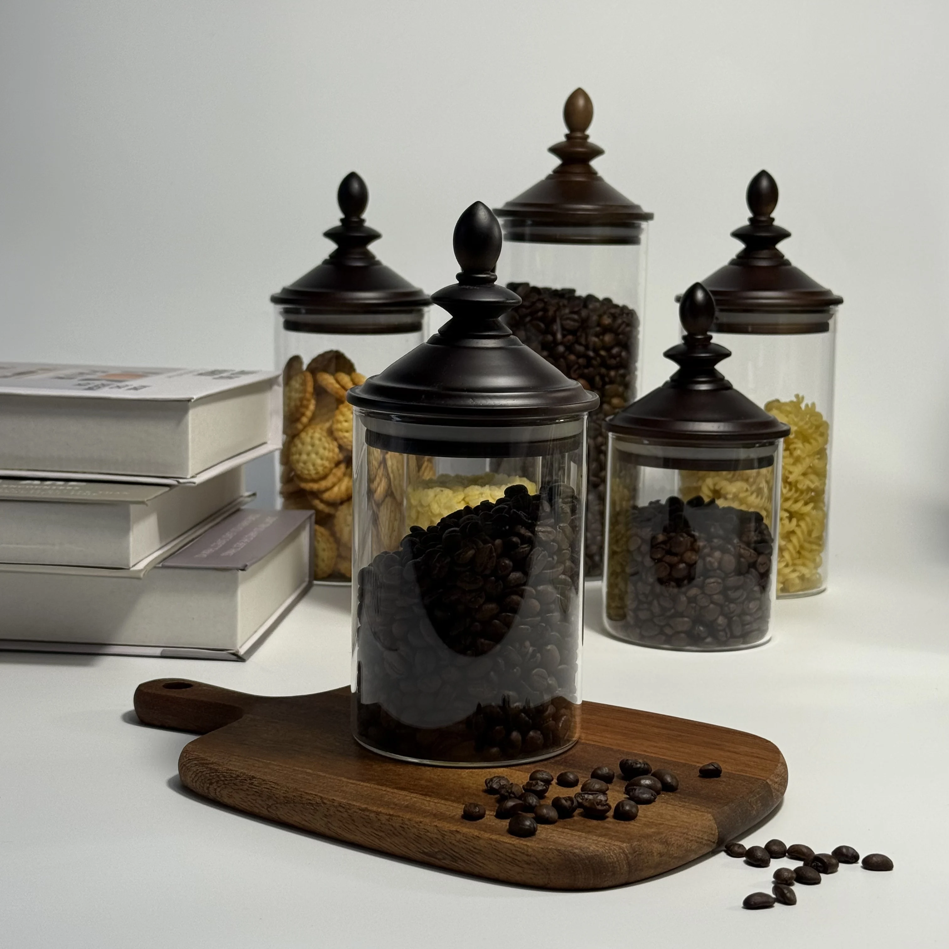 

1 шт. - Стеклянная герметичная банка в винтажном стиле, банка для хранения с крышкой из черного ореха, контейнер для хранения кофейных зерен, высококачественная стеклянная банка для хранения кофе, чая, овсянки, печенья, высококачественное стеклянное украш