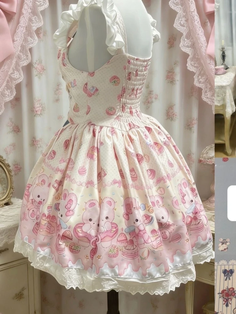 2026 Summer Sweet Japanese Cute Pink Kawaii Dress Design Lovable Pretty Lace Rabbit Print Slim Patchwork Cake Dresses Women view 6