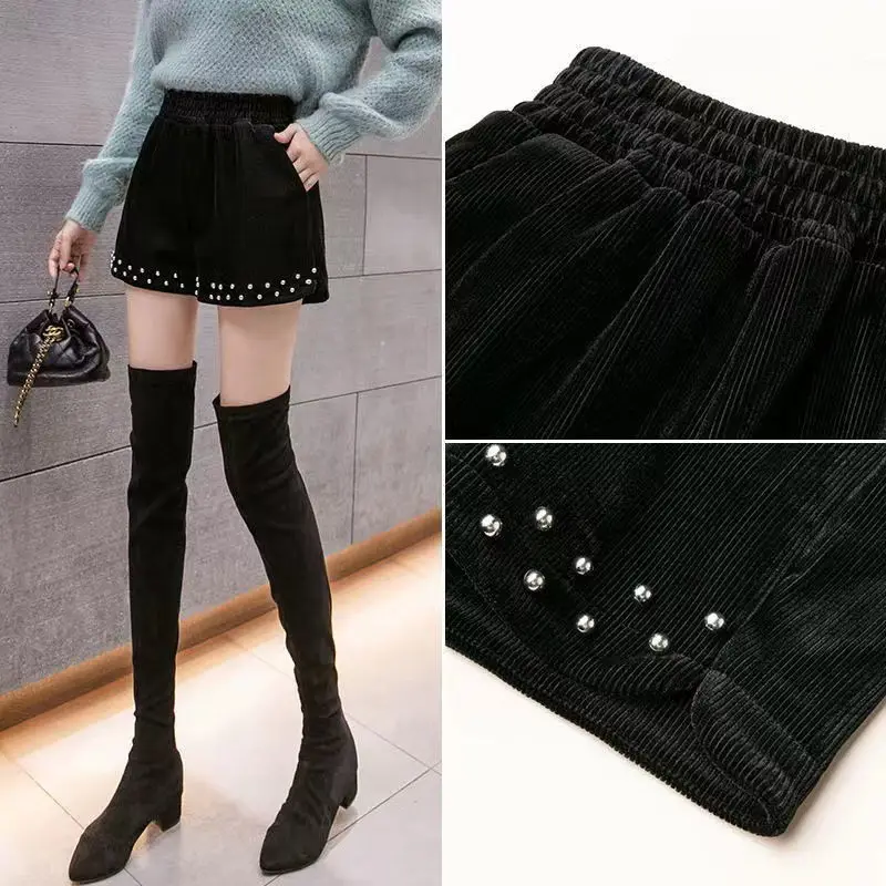 

Women Shorts Spring Autumn High Elastic Fashion Elastic Wide Leg Sweat Short Rivet Shorts Loose Casual Sports Pants T448