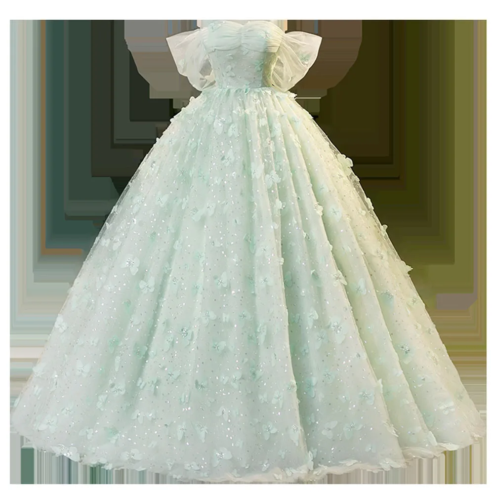 Elegant Light Green Evening Dress Women\'s Flower Appliques Off The Shoulder Floor Length A-Line Prom Gown Quinceanera Vestido