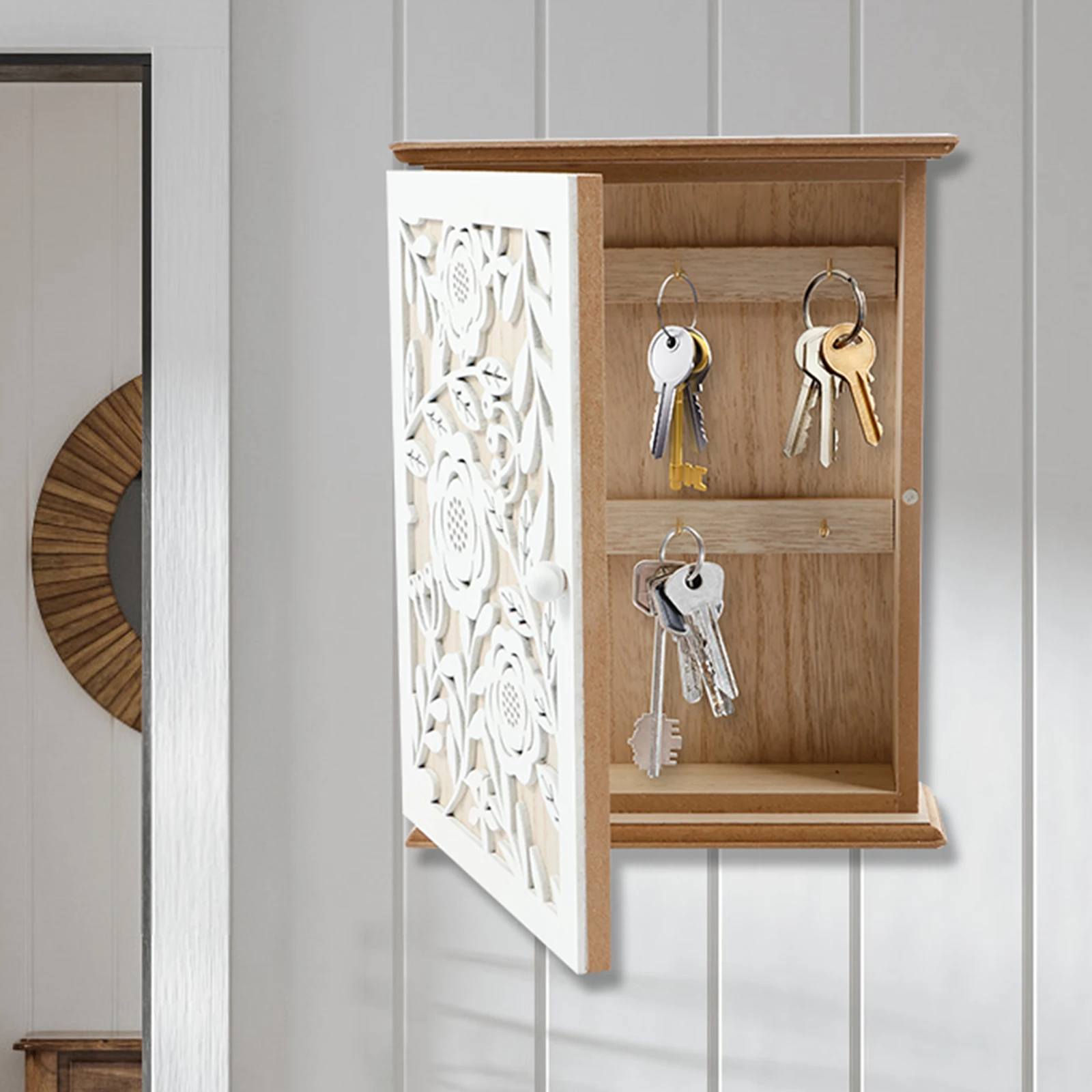 Wood Key Box Decorative Wall Key Holder with 6 Key Hooks Practical Wood Key Cabinet Multifunctional Wood Key Holder Box Doorway