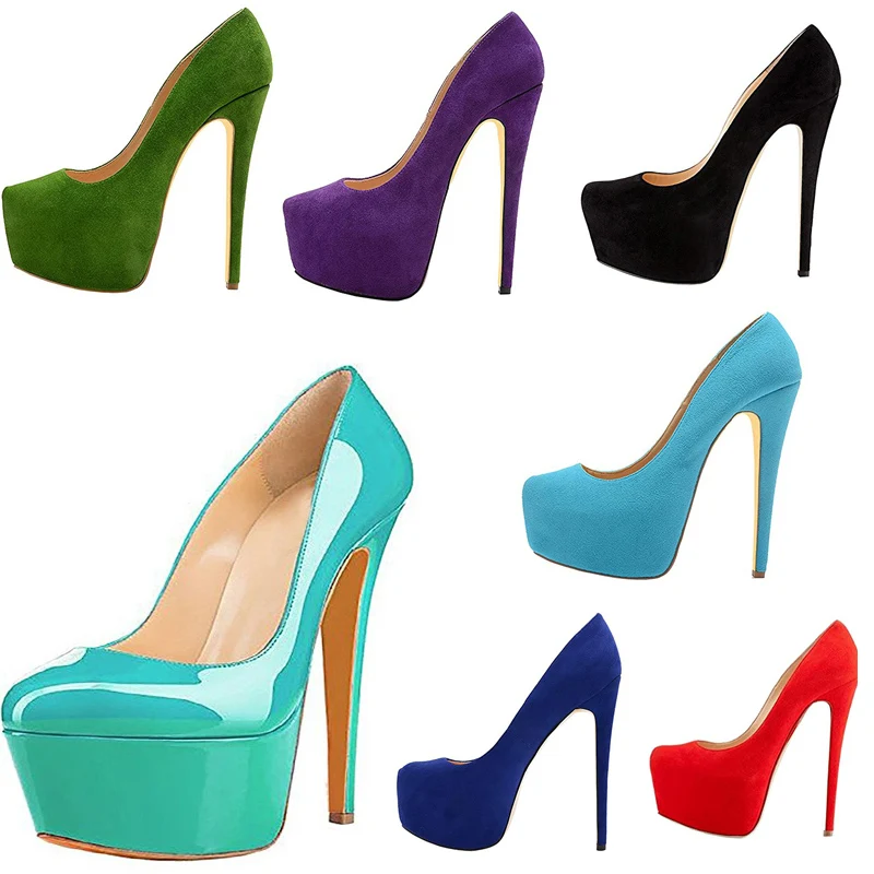 

Sexy Solid Red Blue Green Suede 14cm Platform Round Toe Pumps Ultra High Heels Women Club Party Dress Shoes