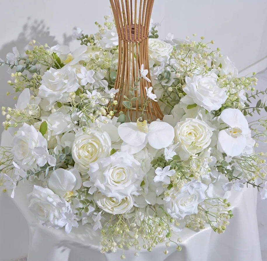 T-FT115 High Quality 60cm White Silk Rose Flower And Plants Garland Wreath Ring Wedding Event Table Centerpieces Decorations