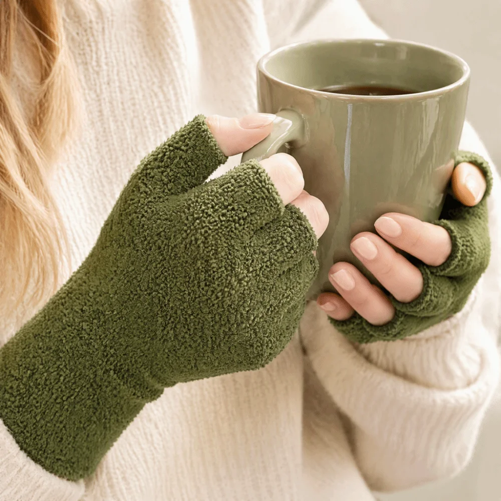 Cozy Solid Color Half Finger Gloves Thicken Coral Fleece Knitted Gloves Touchscreen Elastic Cuff Warm Gloves Driving