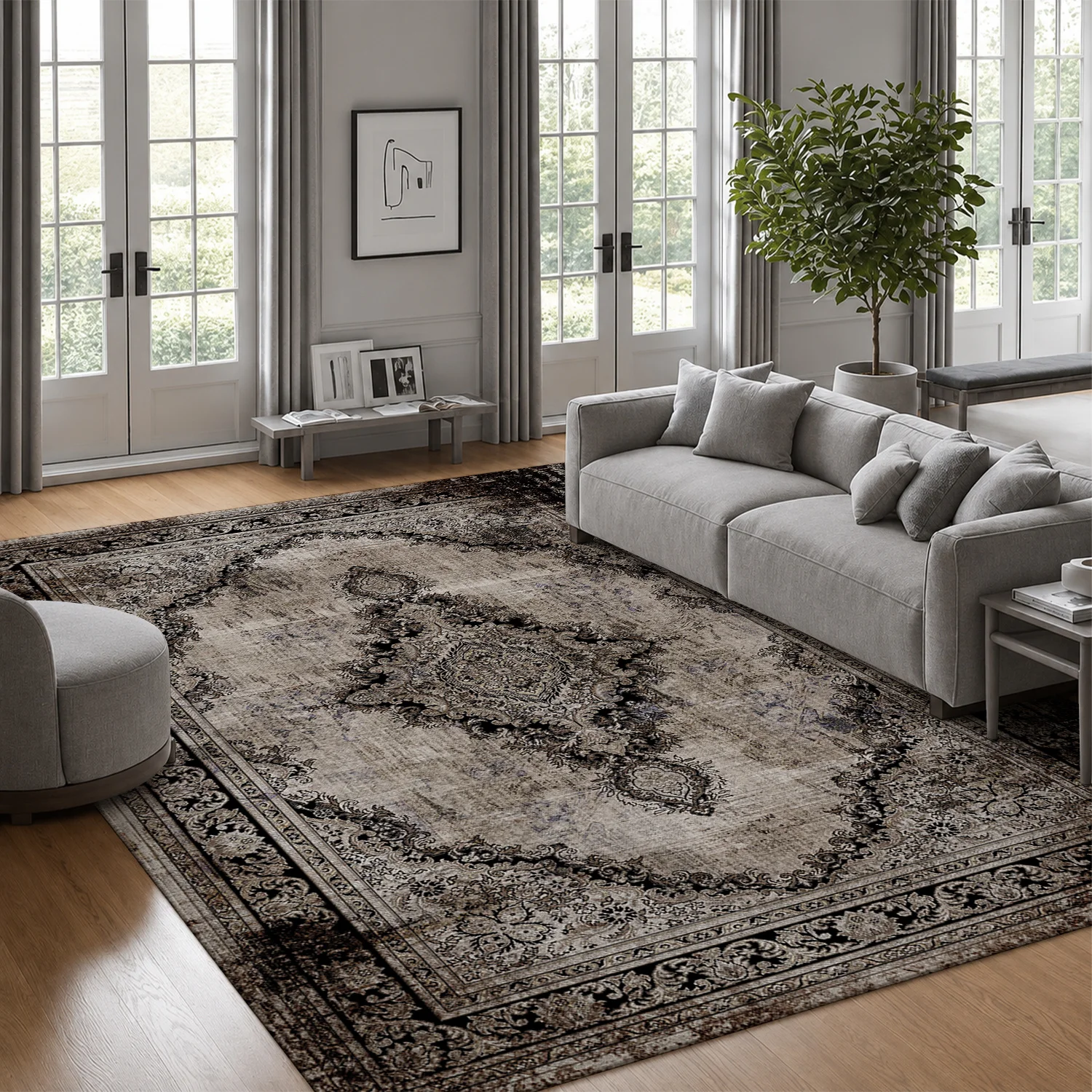 Large Indoor Area Rug, Soft Velvet Low Pile with Non-Slip Dotted Backing, Machine Washable, Vintage Distressed Oriental Medallion Pattern for Living Room, Bedroom, Entryway Home Decor