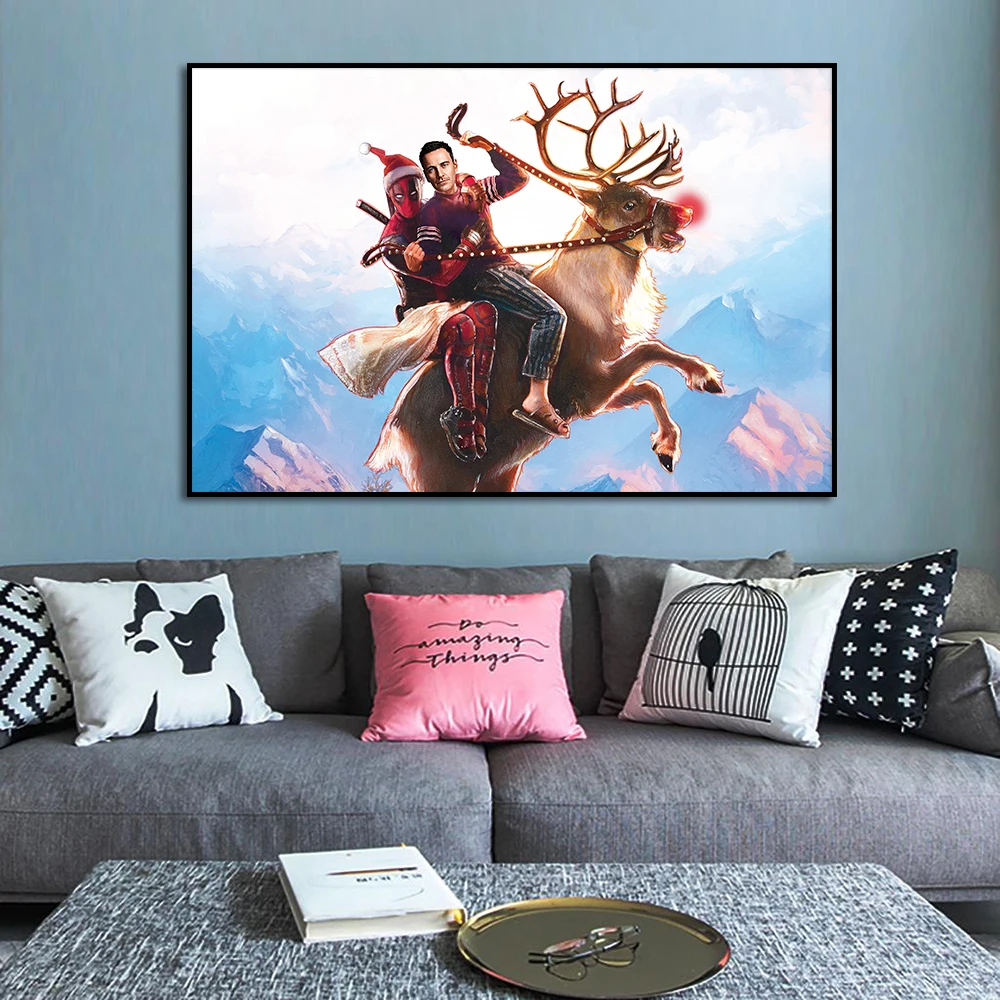 Riding Reindeer with Deadpool Painting Personalized Wall Art Canvas Print Customized Portrait Poster for Room Home Decor Picture