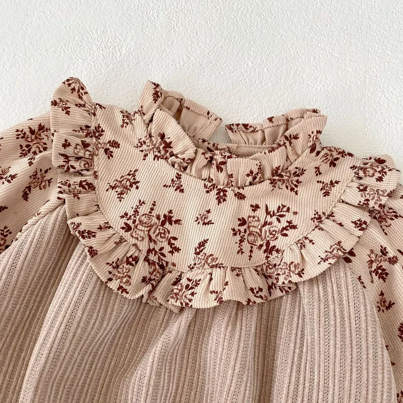 Cute Baby Girl Romper 0-2Years Newborn Princess Long Sleeve Ruffles Collar Flower Bodysuit Corduroy One-pieces Autumn Clothes