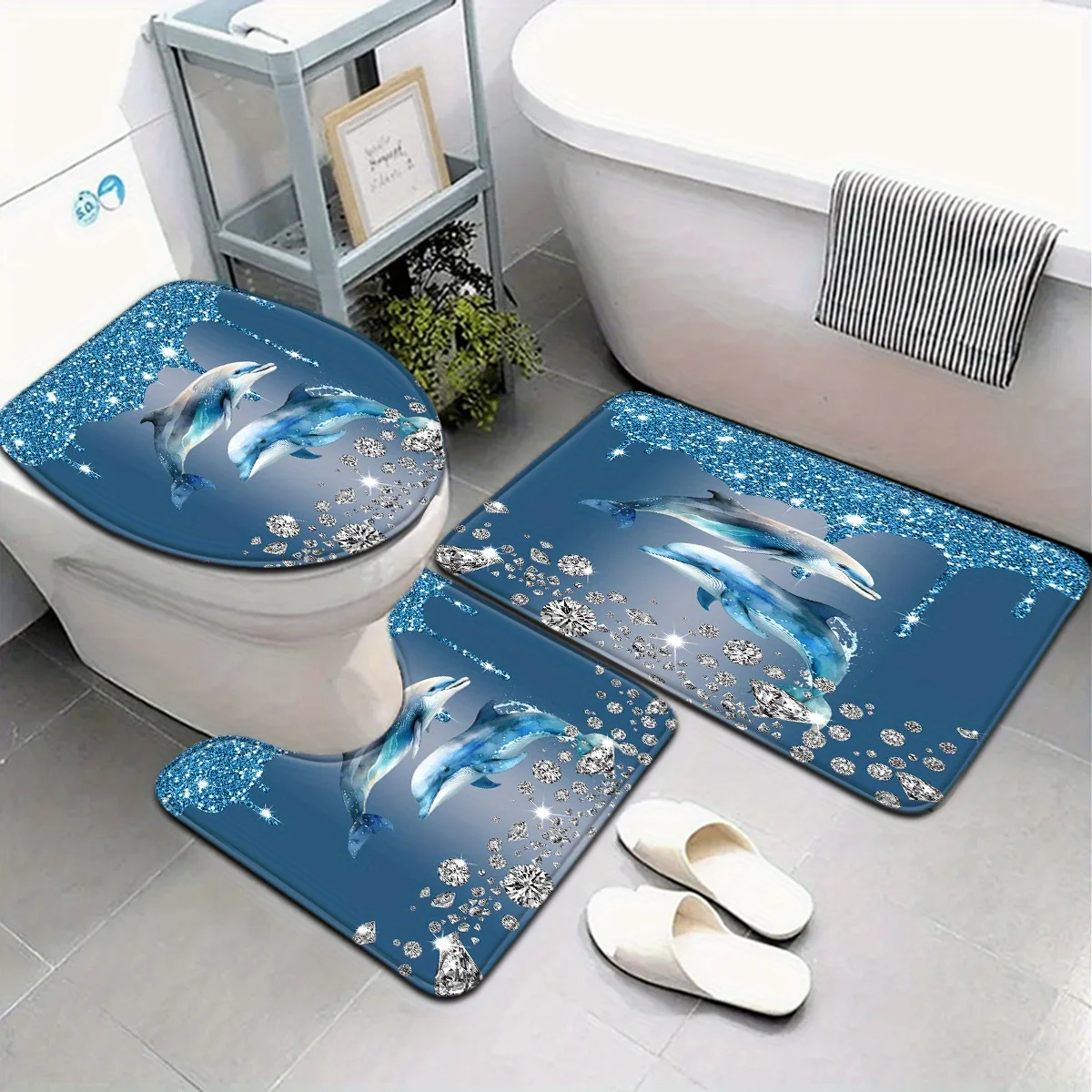 3-piece blue dolphin diamond pattern bathroom floor mat set toilet lid U-shaped foot mat suitable for bathroom decoration