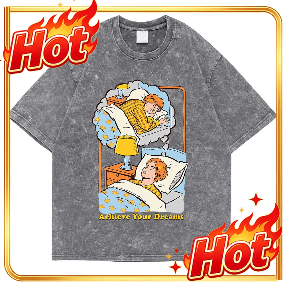 Achieve Your Dreams Washed Retro Men Tshirt Fashion Cotton Tee Clothes High Quality Breathable Tshirt Summer Loose Tops Couple