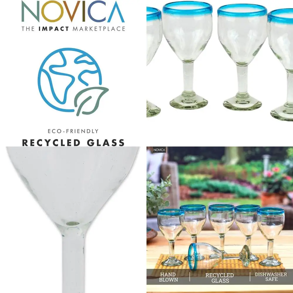 

Set of 6 Handcrafted Clear Glass Wine Glasses with Aqua Rims, 8 oz, 7.75 H x 3.7 Dia, Blue Mexico Eco-Friendly Recycled Tablewar