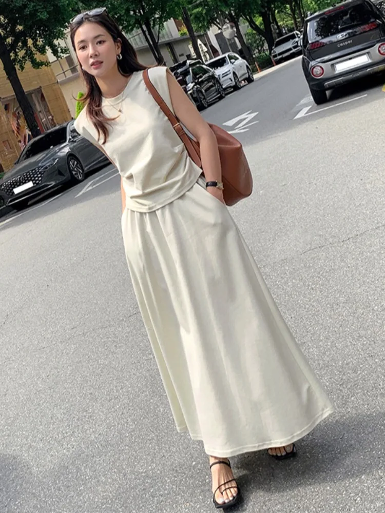 Slimming High Waist A-Line  Skirt And Tank Top Two-Piece Set Chic Summer Folded Versatile Commute Sle Medium Softn