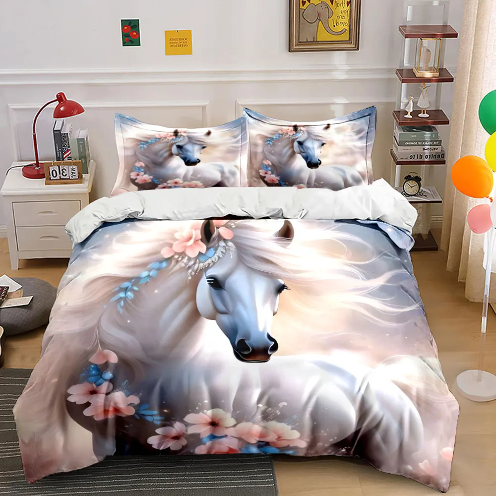 Elegant white horse with flowers Bedding Set for Kids Luxury Gift 3pcs Digital Print Comforter Set Soft Comfortable Breathable