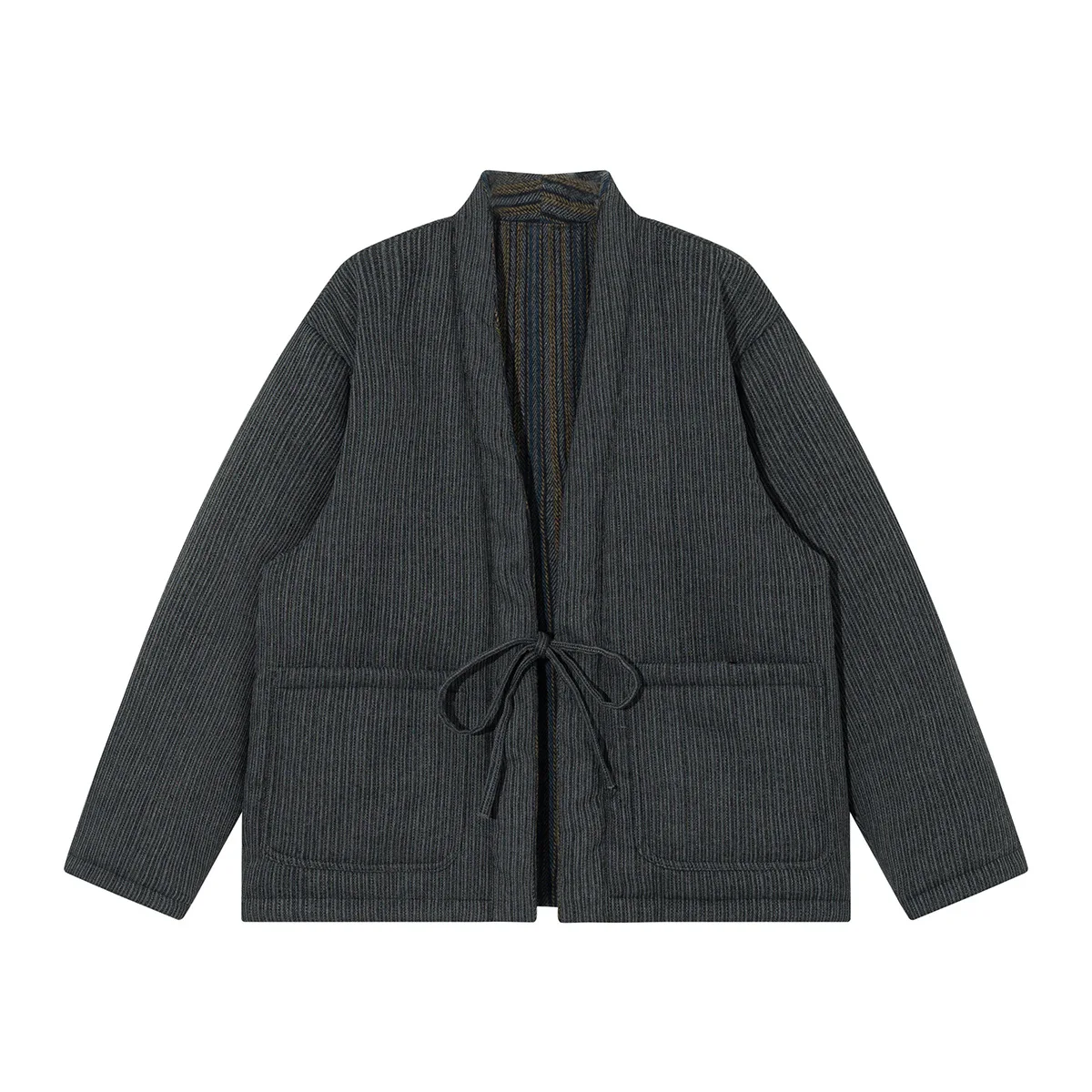 

Men Japanese Streetwear Vintage Stripe Loose Casual Padded-cotton Kimono Robe Parkas Jacket Both Sides Wearable Winter Warm Coat
