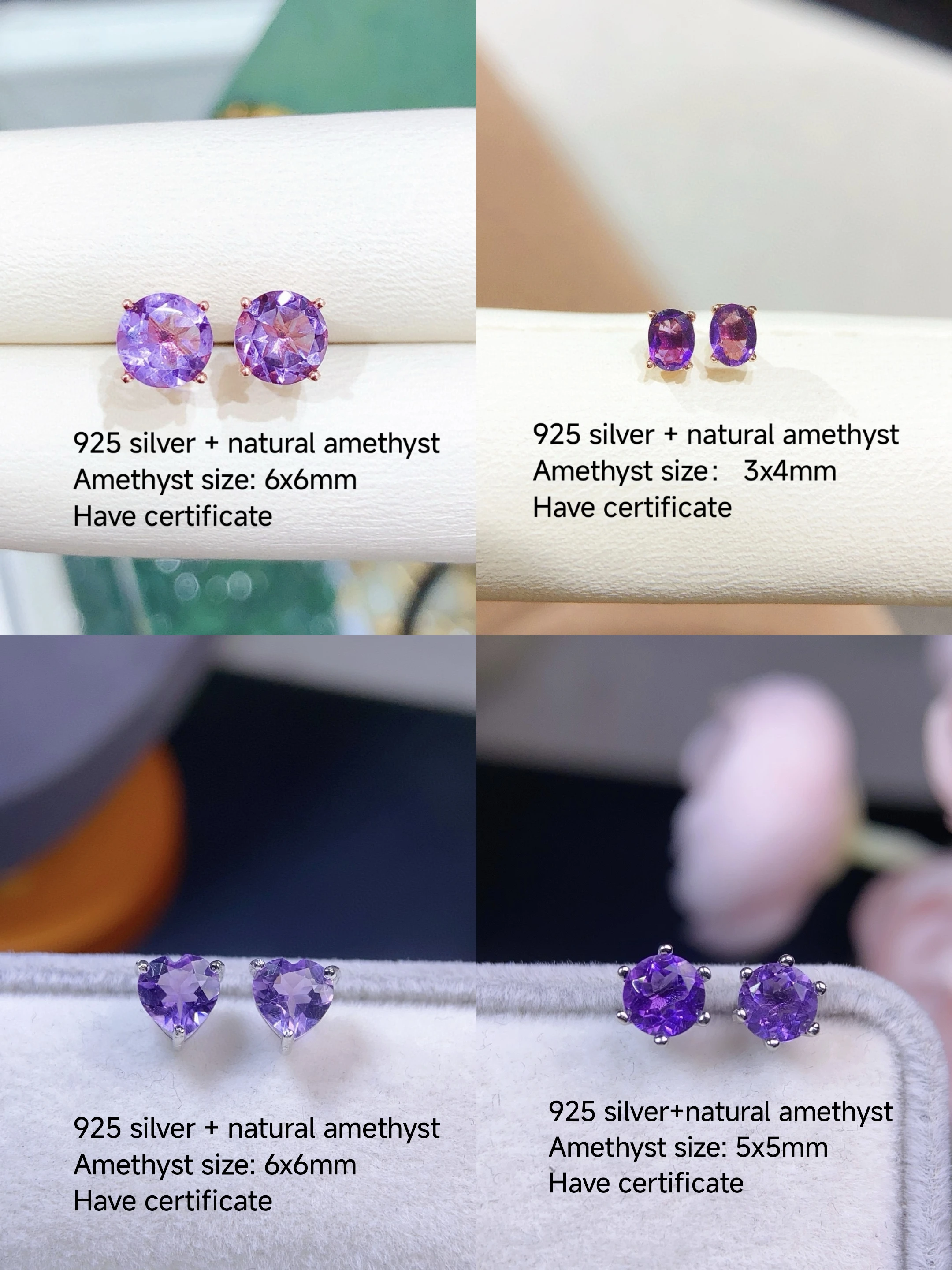 

Certificated 925 Silver Natural Amethyst Earrings 4/6 Prongs Oval/Heart/Round Ear Stud Tiny Huggie Hoop Helix Piercing Jewelry