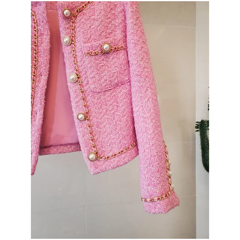 Otoño Invierno cadena nueva alta calidad pequeña fragancia abrigo mujeres Tweed elegante básico Vintage Oficina señora Rosa chaqueta blanca