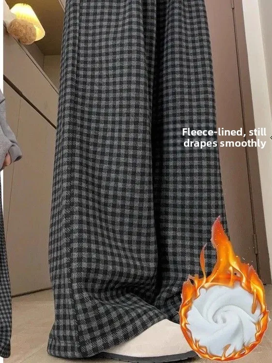 

plus Size Women's Winter Thickened Fleece Warm Wide Leg Pants Slimming Concealing Straight Cut Trousers Casual Plaid Pants
