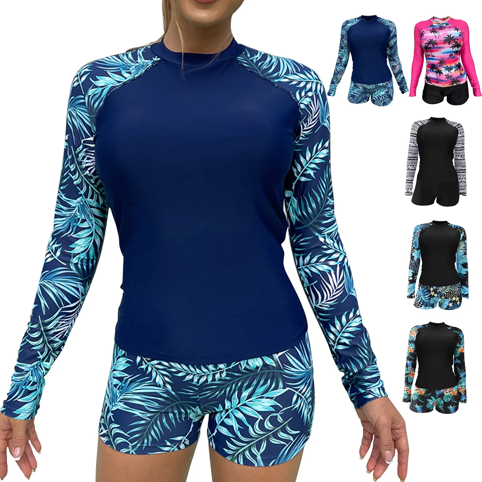 Long Sleeve Split Swimsuit Womens 14 Swim Top Sports Bra Bathing Suit Top Bikini with Shorts Set Women Swimsuit Tops Colorful