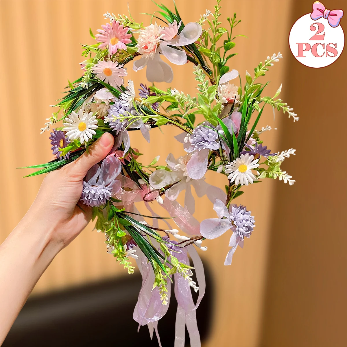 

1/2pcs Forest System Fresh Pink Purple Dual Color Artificial Flower Crown Hairband Natural Style Accessory