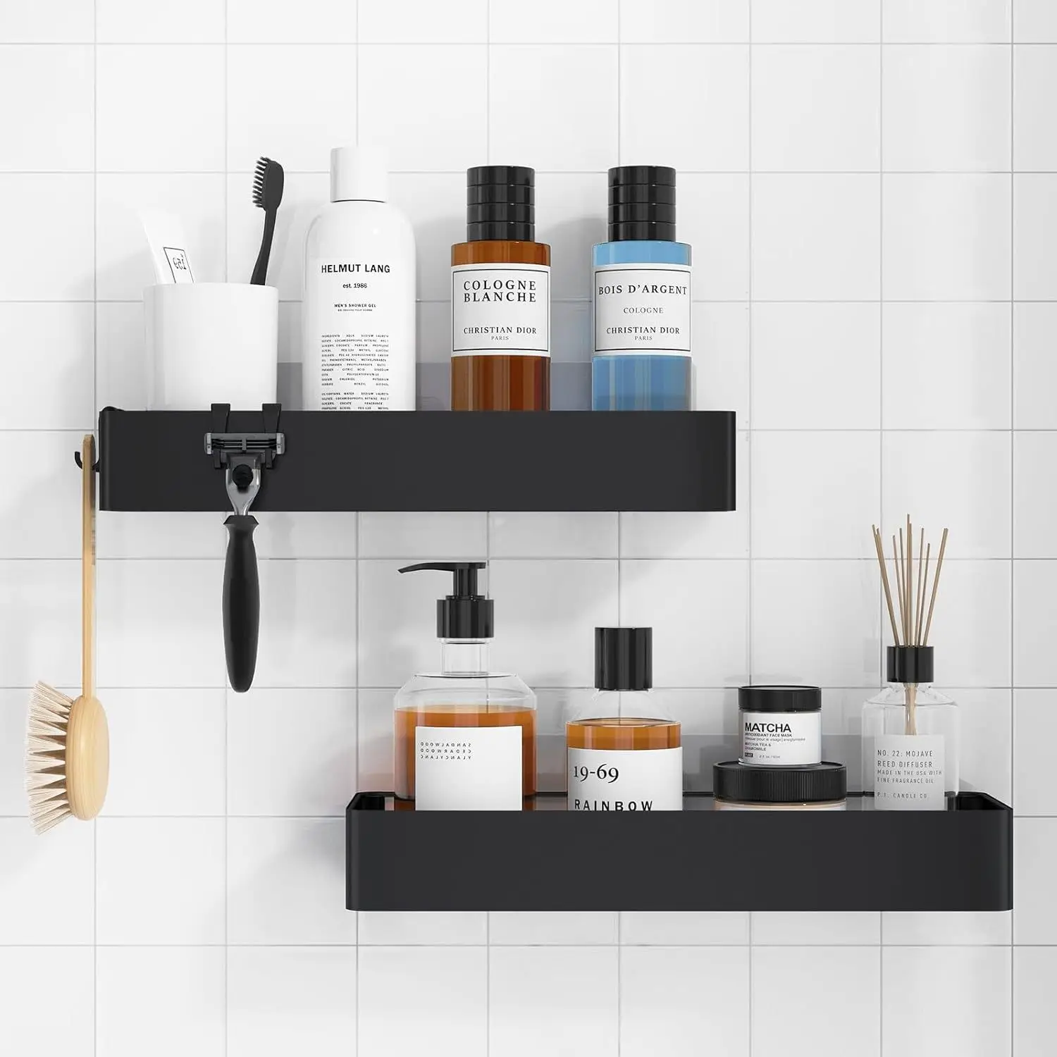 2er-Pack Schwarze Badezimmer-Wandregale, Bohrfreier Duschorganizer mit 4 Haken, Aufbewahrungsregal für Toilette und Küche