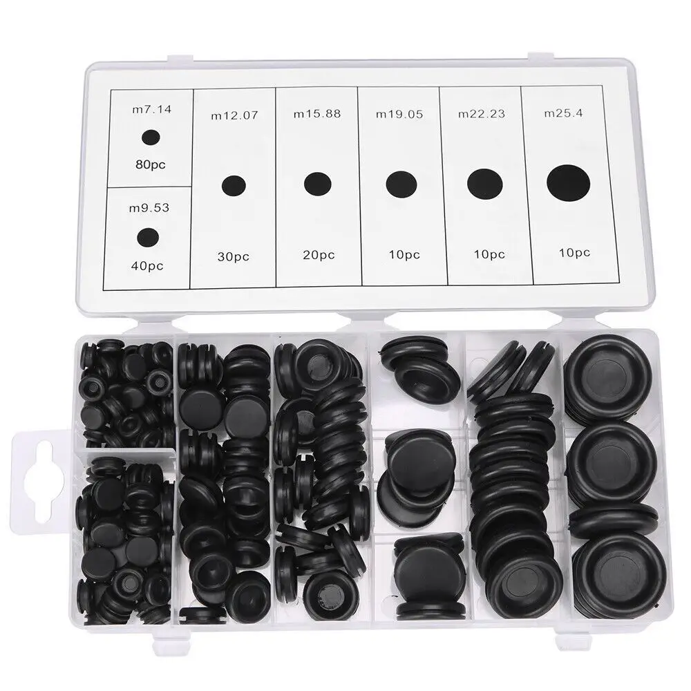 200Pcs NEW Black Grommet Kits 7 Sizes O-ring Washers for Wiring Single sided Closed Hole Plugs Rubber Grommets