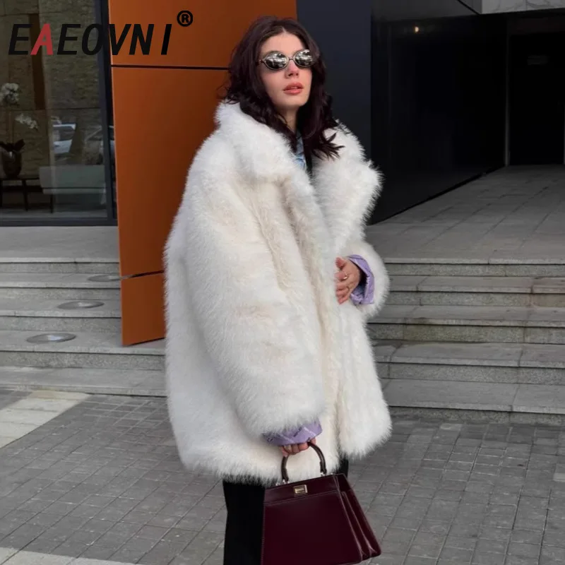 

EAEOVNI Элегантная женская меховая куртка, модная однотонная свободная уличная куртка с воротником с лацканами и длинными рукавами, пальто, верхняя одежда, новинка зимы 2023 г.
