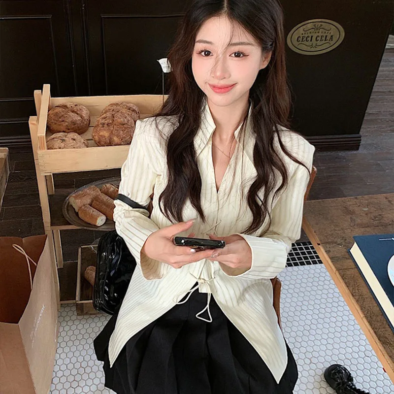 Autumn Korean Chic Lace-Up Design Shirts Female Streetwear Versatile Turn Down Collar Blouse Women Y2K Striped Long Sleeve Shirt
