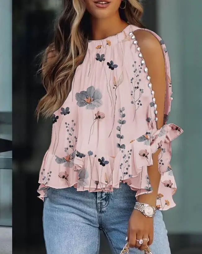 

Women's T-Shirt Floral Print Ruffle Hem Split Sleevetop 2024 Spring/summer Latest Chic O-Neck Cold Shoulder Half Sleeves Blouses